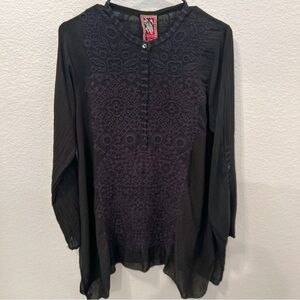 Johnny Was Rona Black Tunic Asymmetrical Embroidered Boho Top Shirt Small Cupra